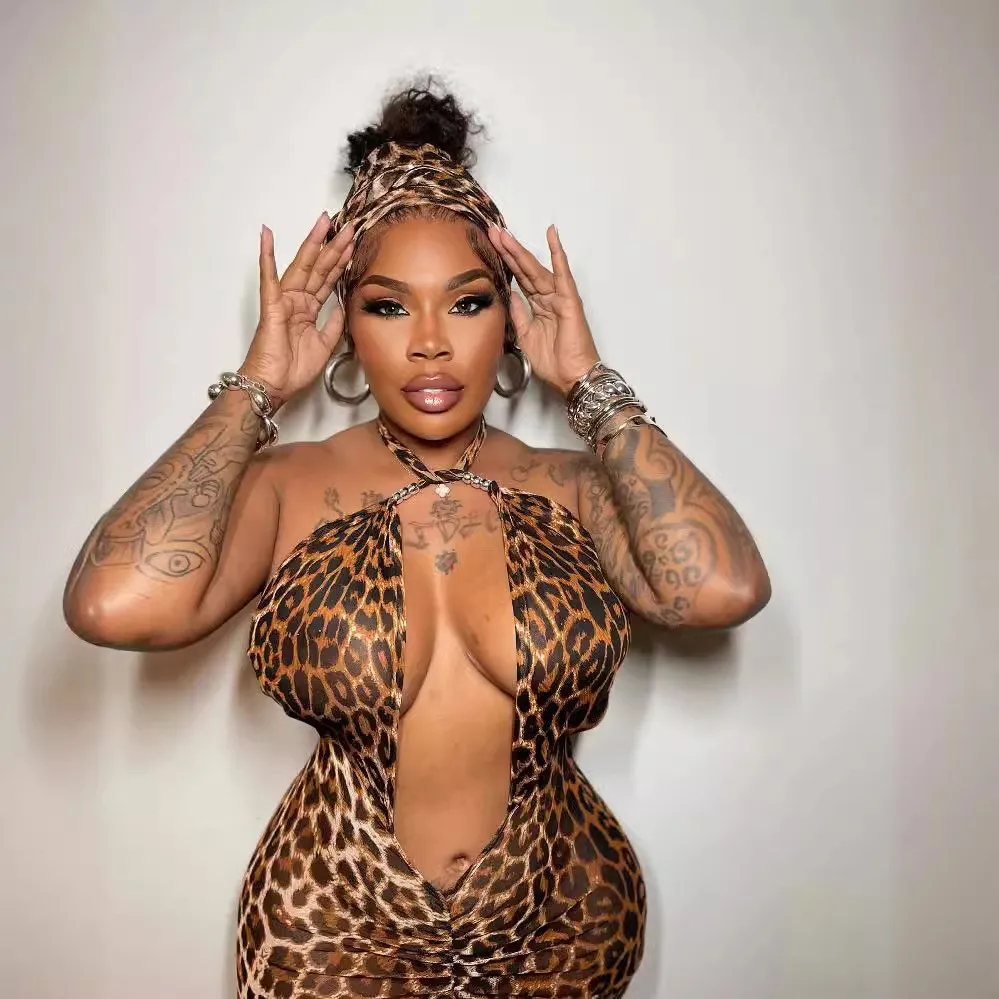 Women Printed Lace-Up Halter Neck Elastic Pleated Bodycon Leopard Print Dress 1 Women Printed Lace-Up Halter Neck Elastic Pleated Bodycon Leopard Print Dress