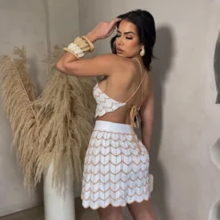 Summer Street Sexy Hollow Sleeveless Low Back High Waist Slim Crochet Two Piece Skirt Set -Deals Toggenix Store cc0f82234de18348