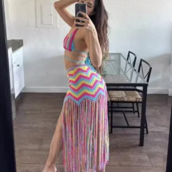 Women Sexy Crocheted Wave Pattern Fringed Beach Cover-up Dress Two-piece Set -Deals Toggenix Store cc175074f860a410