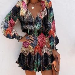 Spring Summer Long Sleeve V Neck Fashion Print Slim Waist Dress For Women -Deals Toggenix Store cecb6db5ee545c15