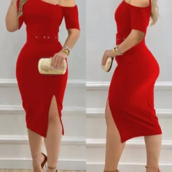 Women Clothes Slash Shoulder Metal Chain Strap Slit Office Dress With Belt -Deals Toggenix Store cfd24d7986836586