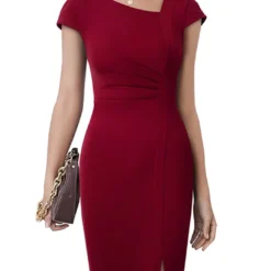 Summer Slash Shoulder Short Sleeve Pleated Solid Mid Rise Slit Bodycon Dress -Deals Toggenix Store d03d03c85baba08a