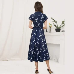 Summer Women's Art Retro Print Turndown Collar Lace-Up Mid Waist Dress -Deals Toggenix Store d05b360fea53d6db