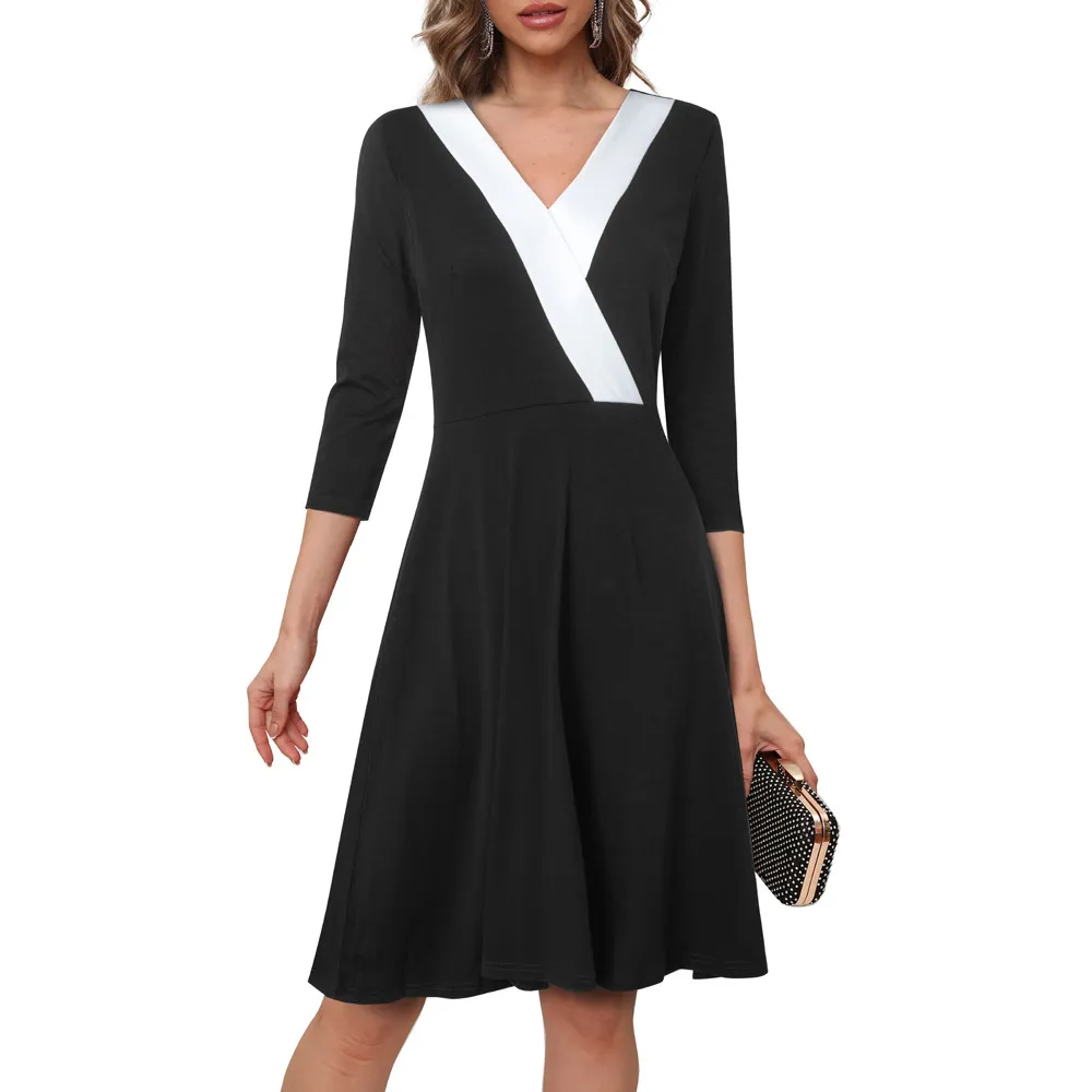 Mid Waist V Neck Color Block Zip Chic Career Fashionable Women Comfort Casual Dress 12 Mid Waist V Neck Color Block Zip Chic Career Fashionable Women Comfort Casual Dress - Image 12