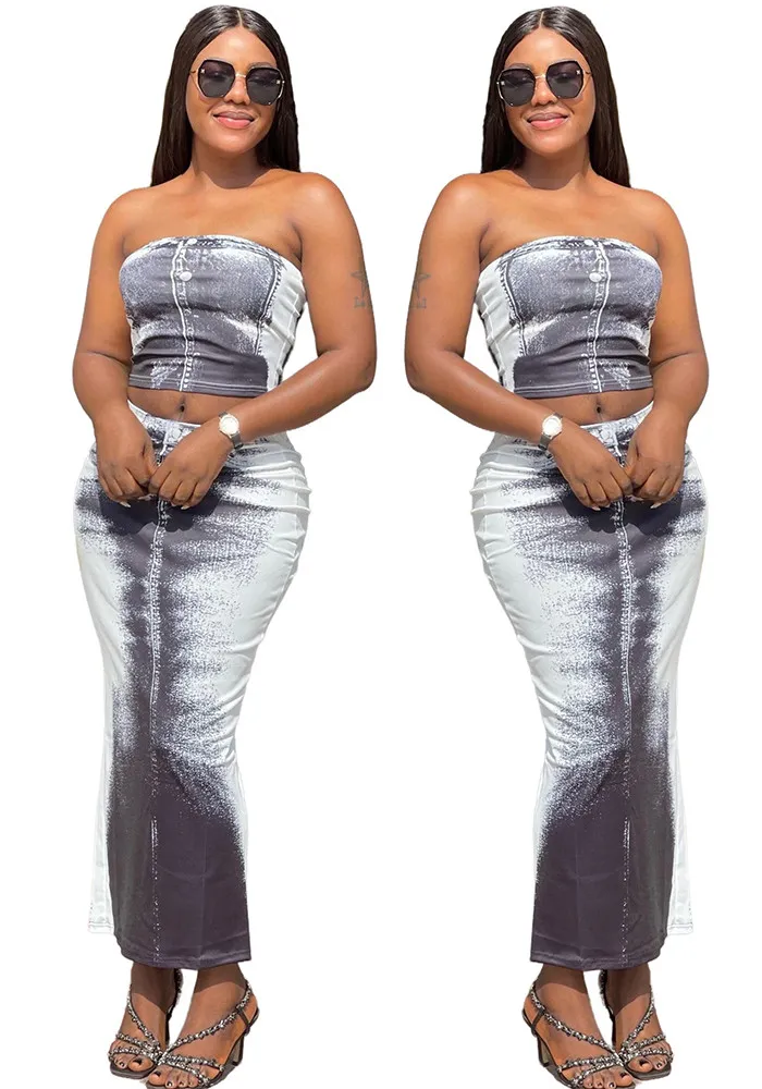 Women Sexy Retro Print Strapless Top And Bodycon Slit Skirt Two-piece Set 6 Women Sexy Retro Print Strapless Top And Bodycon Slit Skirt Two-piece Set - Image 6