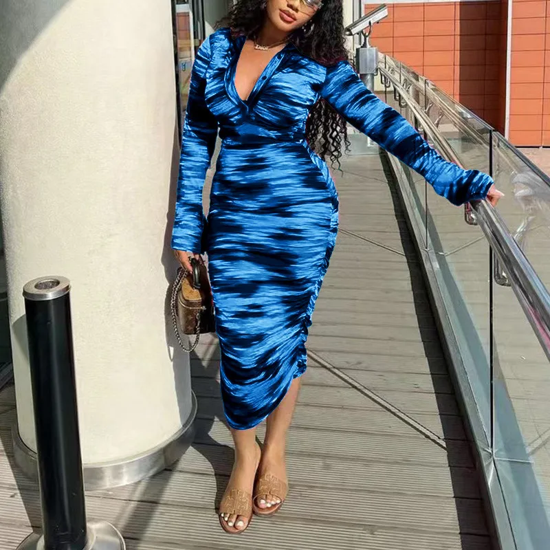 Women's Spring And Summer Printed Fashion Casual Pleated Long Sleeve Slim Chic Long Dress 18 Women's Spring And Summer Printed Fashion Casual Pleated Long Sleeve Slim Chic Long Dress - Image 18