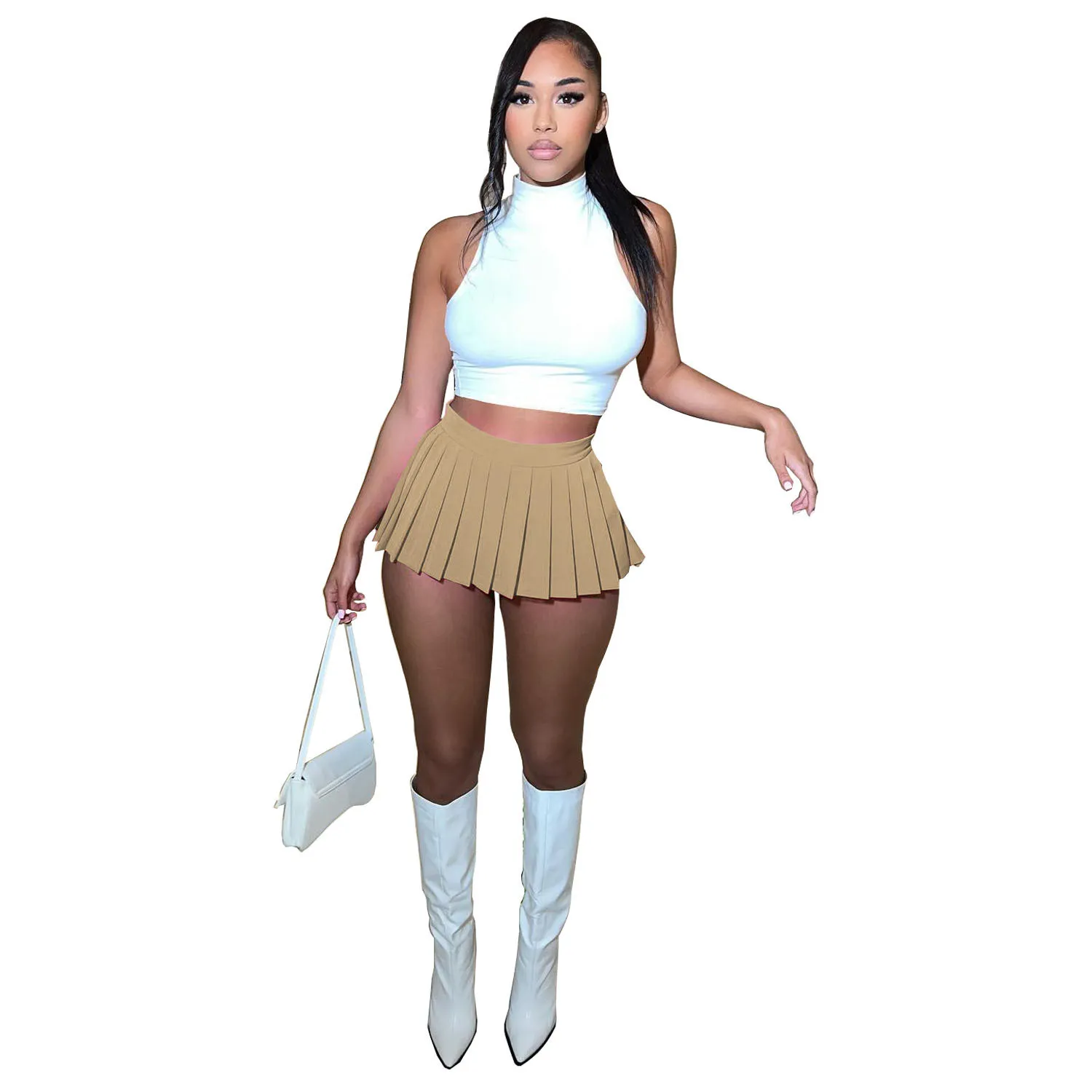 Women Summer Solid Color T-shirt + Pleated Dress Two-piece Set 17 Women Summer Solid Color T-shirt + Pleated Dress Two-piece Set - Image 17