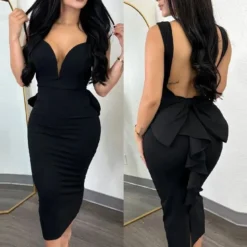 Chic Elegant Solid Color Low Back Deep V High Waist Bow Elastic Slit Bodycon Dress -Deals Toggenix Store d282e4273bcf0d44