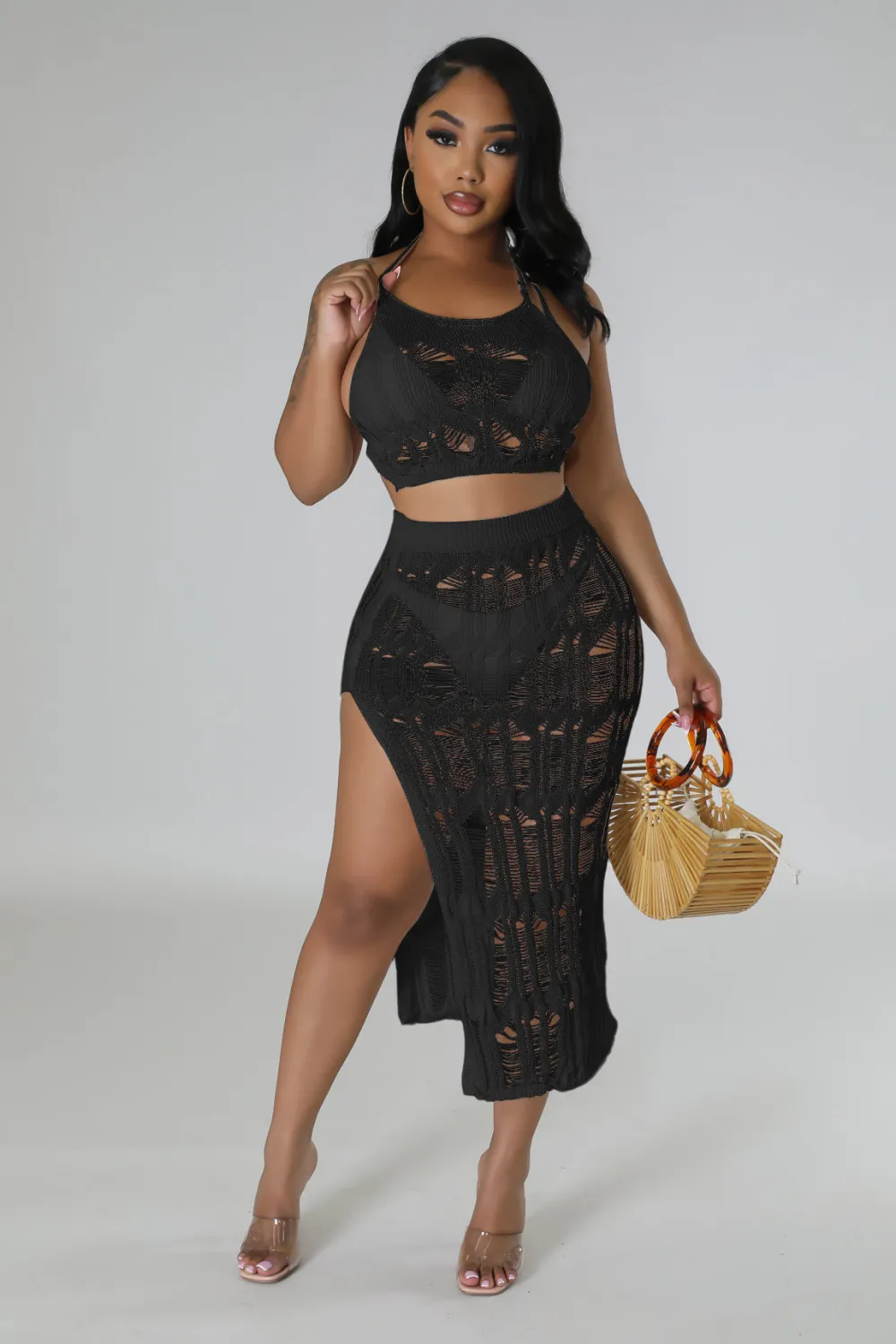 Women's Spring Summer Beach Knitting Vest Slit Skirt Slit Sexy Two Piece Set 4 Women's Spring Summer Beach Knitting Vest Slit Skirt Slit Sexy Two Piece Set - Image 4