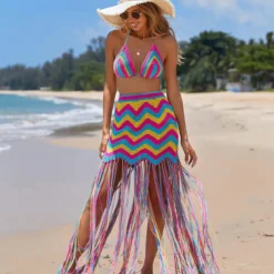 Women Sexy Crocheted Wave Pattern Fringed Beach Cover-up Dress Two-piece Set -Deals Toggenix Store d2dc0036ed83493b