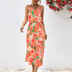 Strappy Print Slit Dress