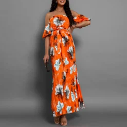 Women Sexy Off Shoulder Pleated Print Summer Print Long Dress -Deals Toggenix Store d3e6b5c3b4ff9b69