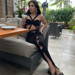 Spring Solid Color Sexy Hollow Hollow Strapless Low Back High Waist Slim Slit Long Dress -Deals Toggenix Store d456e3fd445072a5