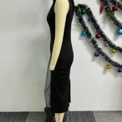 Mesh Patchwork Slash Shoulder Sleeveless Bodycon Dress