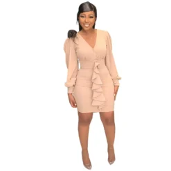 Women Solid Color Sexy V-Neck Ruffle Bodycon Dress -Deals Toggenix Store d466867d89f31069