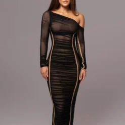 Spring Women Long Sleeve Mesh Patchwork Slash Shoulder Pleated Dress -Deals Toggenix Store d4de33132fa37375