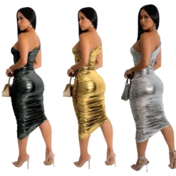 Fashion Women's Solid Color Sexy Slash Shoulder Pleated Dress