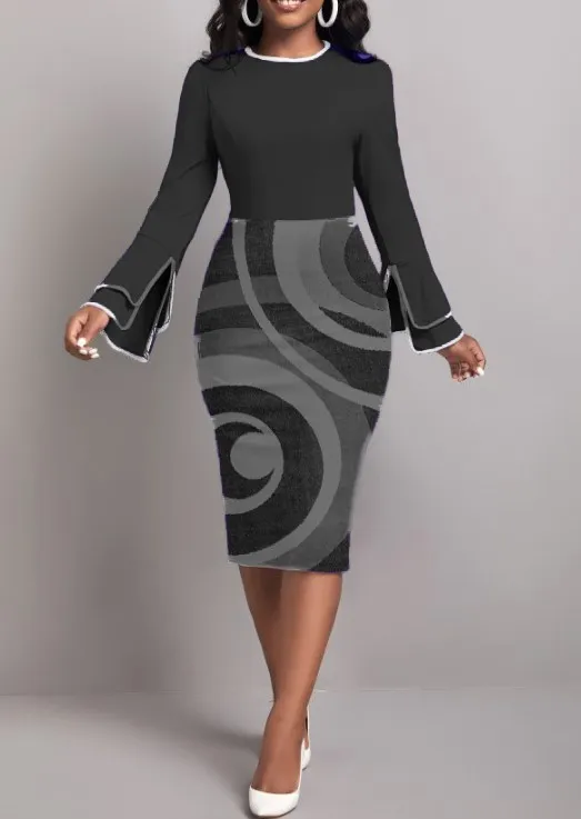 Women Long Sleeve Printed Patchwork Round Neck Elegant Bodycon Dress 5 Women Long Sleeve Printed Patchwork Round Neck Elegant Bodycon Dress - Image 5