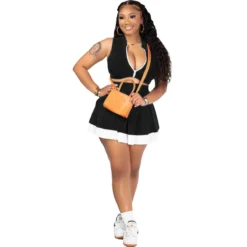 Women Casual Sexy Colorblock Zipper Top And Pleated Skirt Two-Piece Set -Deals Toggenix Store d577ab55258ae54a