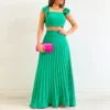 Women Solid Crop Top And High Waist Pleated Skirt Two-Piece Set
