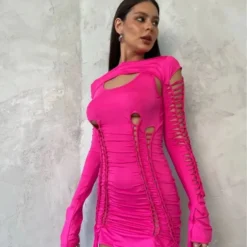 Women's Sexy Hollow Out Long Sleeve Lace-Up Bodycon Dress -Deals Toggenix Store d670d3de0a75eb8f