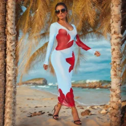 Women's Summer Sexy See-Through Mesh Deep V Long Sleeve Printed Slim Long Dress -Deals Toggenix Store d74c1e38c3ae8603