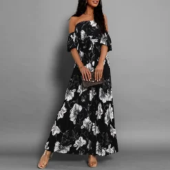 Women Sexy Off Shoulder Pleated Print Summer Print Long Dress -Deals Toggenix Store d7b3333f6c00bc5d