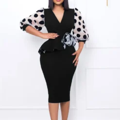 Plus Size Women'S Fashion Dot Mesh Patchwork V Neck Chic Career Bodycon Dress -Deals Toggenix Store d8bcb4dd23c186ea