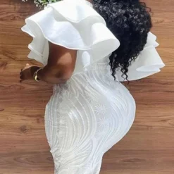 Pullover Midi Dress Chic Career High Waist Lace Slit Solid Off Shoulder White Dress