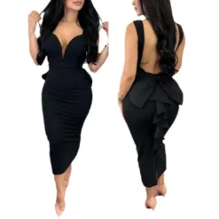 Chic Elegant Solid Color Low Back Deep V High Waist Bow Elastic Slit Bodycon Dress -Deals Toggenix Store d9532cbcd5cdad09