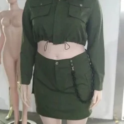 Women Turndown Collar Long Sleeve Pocket Top And Skirt Two-piece Set -Deals Toggenix Store d961f6157c74fd10