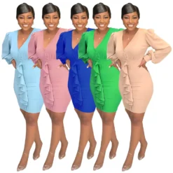 Women Solid Color Sexy V-Neck Ruffle Bodycon Dress -Deals Toggenix Store d99d728ef433d9f9