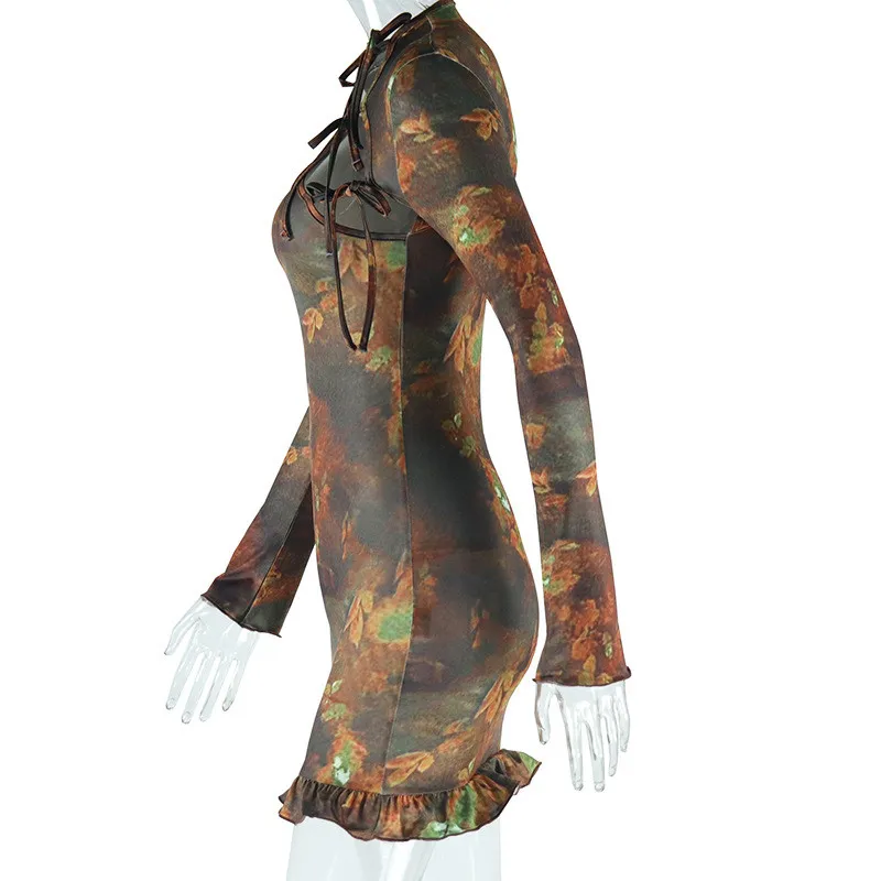 Fashion Printed Retro Long Sleeve Round Neck Hollow Lace-Up Bodycon Women's Dress 14 Fashion Printed Retro Long Sleeve Round Neck Hollow Lace-Up Bodycon Women's Dress - Image 14