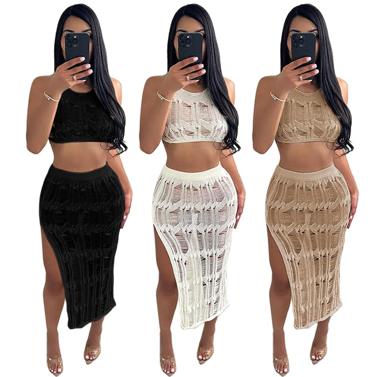 Women's Spring Summer Beach Knitting Vest Slit Skirt Slit Sexy Two Piece Set 2 Women's Spring Summer Beach Knitting Vest Slit Skirt Slit Sexy Two Piece Set - Image 2