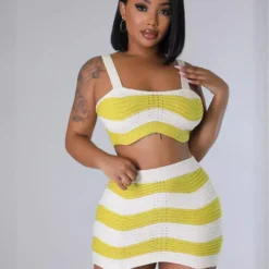 Summer Fashionable Contrasting Stripes Sexy Knitting High Waist Two Piece Skirt Set -Deals Toggenix Store dd6351c09d0acf96