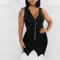 Fashion V Neck Zipper Dress Beaded Patchwork Sexy Bodycon Ruffle Dress -Deals Toggenix Store ddd87b4629c366e8