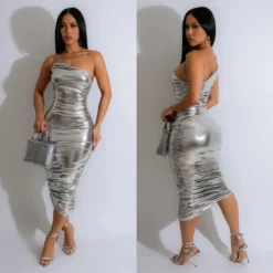 Fashion Women's Solid Color Sexy Slash Shoulder Pleated Dress -Deals Toggenix Store de4348b91db84800