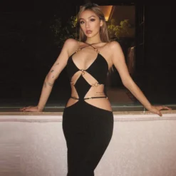 Women's Summer Sexy Low Cut Hoop Patchwork Halter Neck Low Back Slit Dress -Deals Toggenix Store dee944bbcb593423