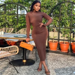 Women's Solid Color Round Neck Long Sleeve Slim Midi Dress 12 Women's Solid Color Round Neck Long Sleeve Slim Midi Dress -Deals Toggenix Store e007711a26117458