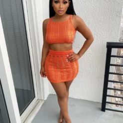 Women Sexy Knitting Hollow Tank Top And Skirt Two-piece Set