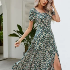 Women's Square Neck Puff Sleeve French Tea Break Dress Trendy Floral Dress -Deals Toggenix Store e04d948a9f171d8c