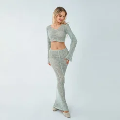 Sexy Women's Long-Sleeved Knitting Shirt High-Waisted Long Skirt Two Piece Set