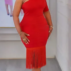 Plus Size Women's Summer Solid Bodycon Fringe Pencil African Dress