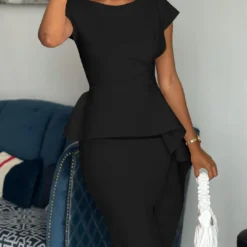 Plus Size Women Round Neck Solid Short Sleeve Slit Dress -Deals Toggenix Store e2dcbca3388629fe