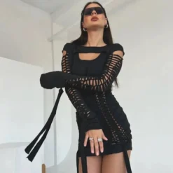 Women's Sexy Hollow Out Long Sleeve Lace-Up Bodycon Dress -Deals Toggenix Store e38090d4357bf39c