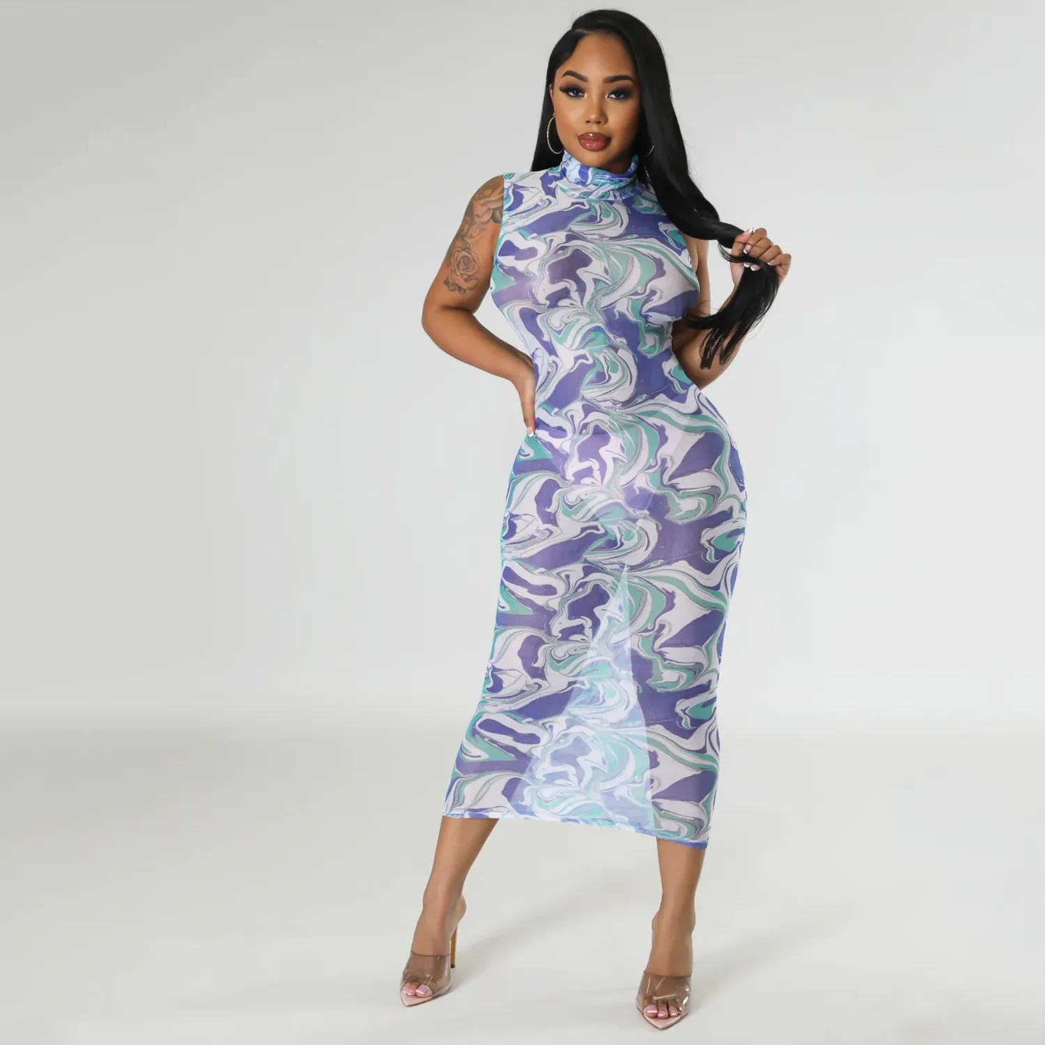 Summer Women's Fashion Sexy Mesh See-Through Print Dress For Women 9 Summer Women's Fashion Sexy Mesh See-Through Print Dress For Women - Image 9