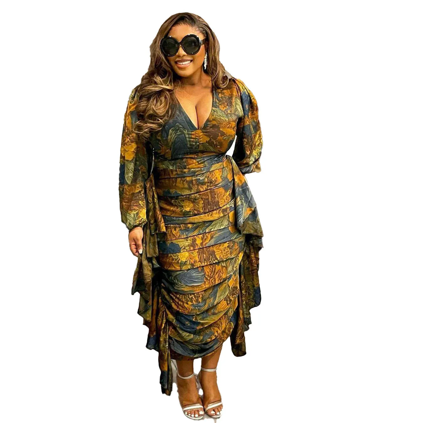 Sexy Printed Ruffled Balloon Sleeve Slim Long Sleeve Bodycon Dress 4 Sexy Printed Ruffled Balloon Sleeve Slim Long Sleeve Bodycon Dress - Image 4
