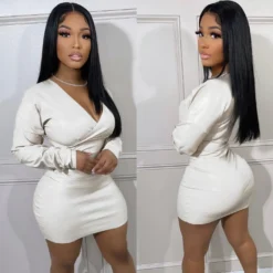 Ladies Spring Solid Color Stretch Brazilian Leather V-Neck Slim Dress -Deals Toggenix Store e40c5c64d53c4bfe