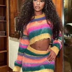 Autumn Women's Sexy Knitting Long-Sleeved Contrast Color Top High Waist Bodycon Skirt Suit For Women -Deals Toggenix Store e40cc58da91ce035