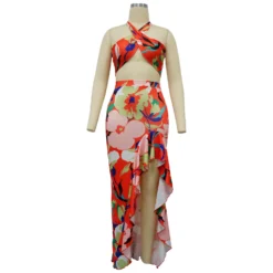 Women Summer Top And Ruffled Slit Skirt Two-piece Set